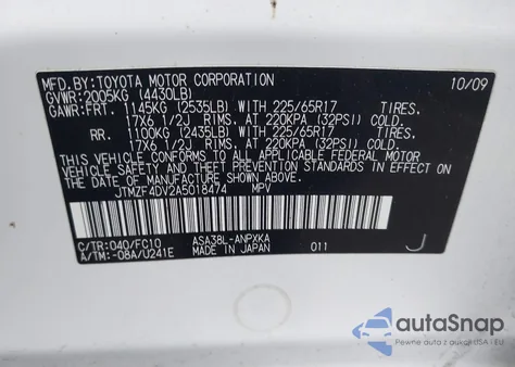 2010 Toyota Rav4 z USA, uszkodzony, nr VIN JTMZF4DV2A5018474